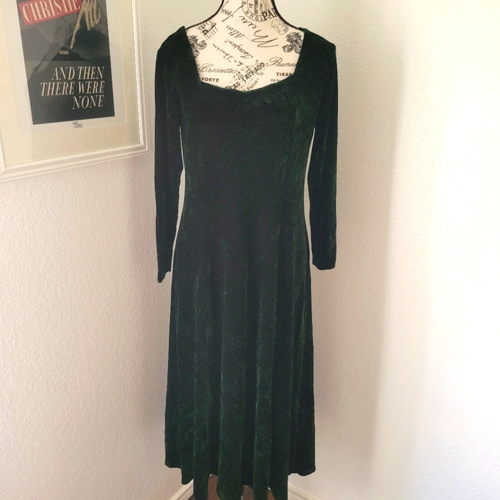 Vintage 90s Green Velvet Dress Long Sleeves PM Coldwater Creek